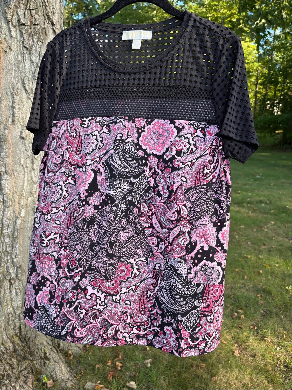 MICHAEL Michael Kors Black and Pink Paisley Mixed-Media Short Sleeve Top size L